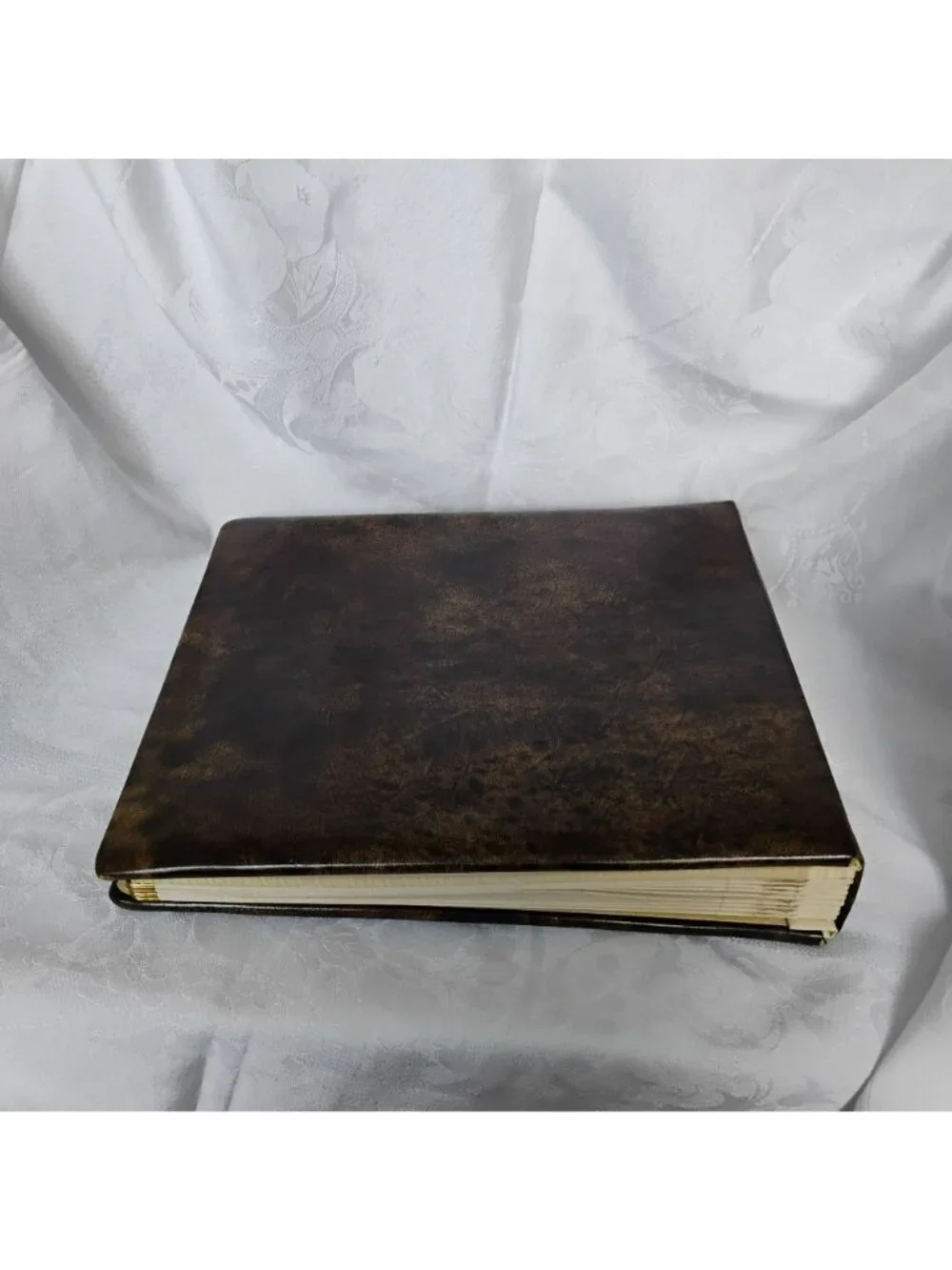 Vintage MCM Our Family Cowhide Leather Photo Album Brass Corners Gold Trim